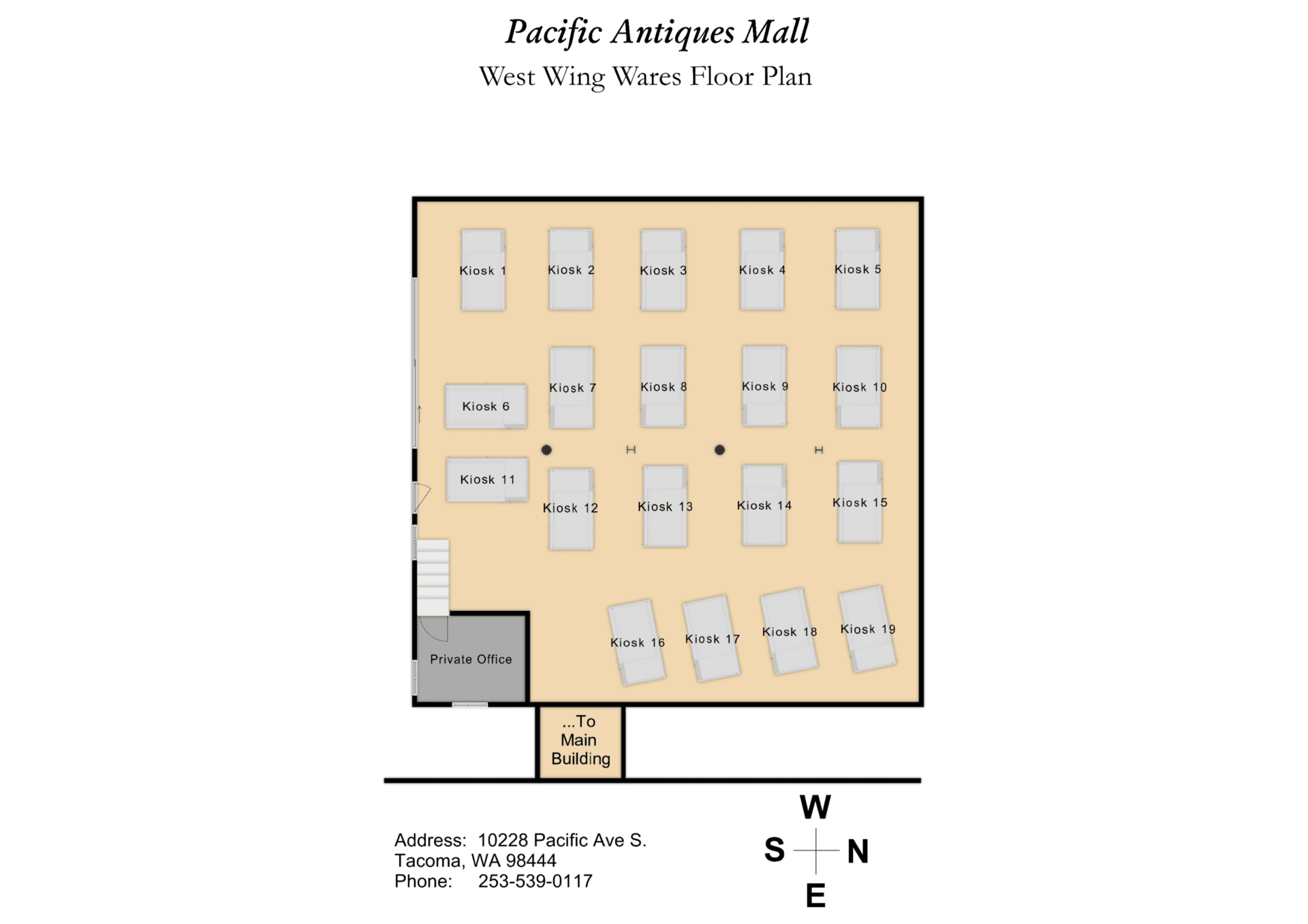 West Wing Wares floor plan showing the arrangement of 19 event kiosks across the 3,000 square foot space.