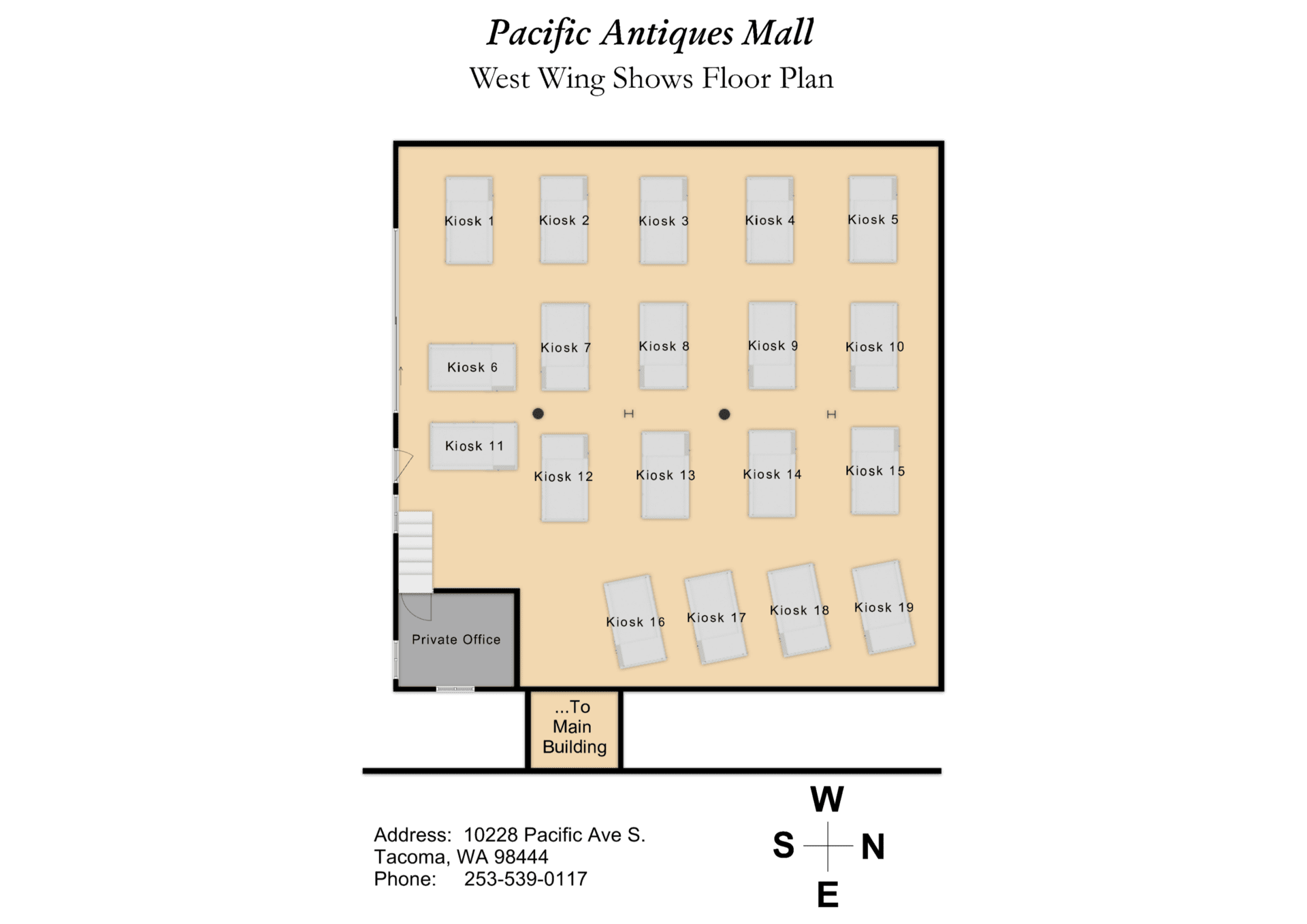West Wing Shows floor plan showing the arrangement of 19 event kiosks across the 3,000 square foot space.